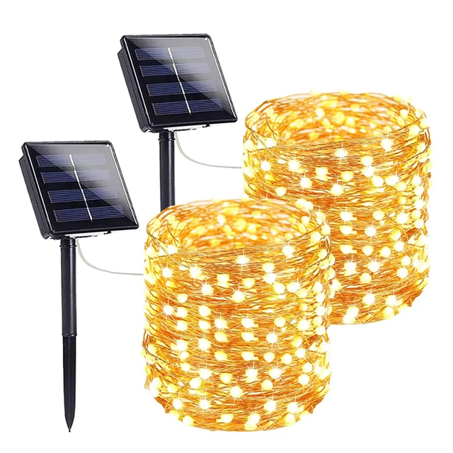 Outdoor LED Solar Fairy String Light Waterproof Garden Decoration Garland 8Modes Copper Wire Light For Street Patio Christmas 2 Pack Warm White