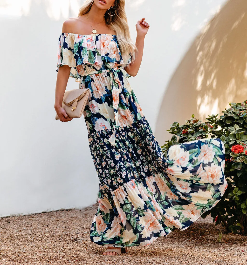 Flower Print Off Shoulder Long Dresses For Women Spring Summer New Fashion Temperament High Waist Leace-up Dress Female Vestidos 10 undefined