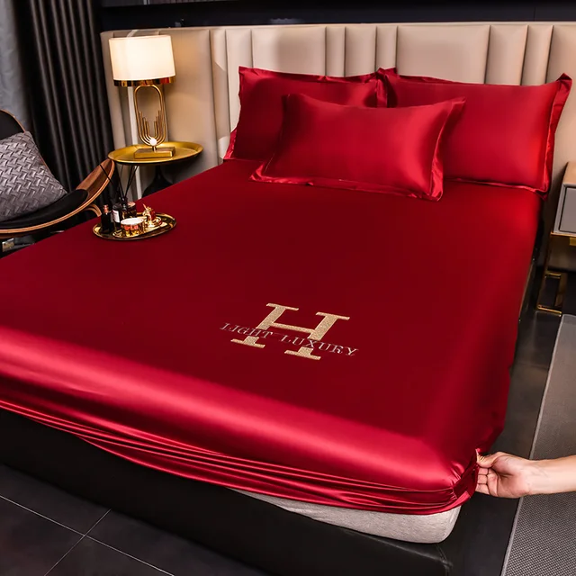 High-end Satin Fitted Sheet with Elastic Band Solid Color Silky Bed Sheet Smooth Non-Slip Mattress Cover Bedspreads Bed Linen 6