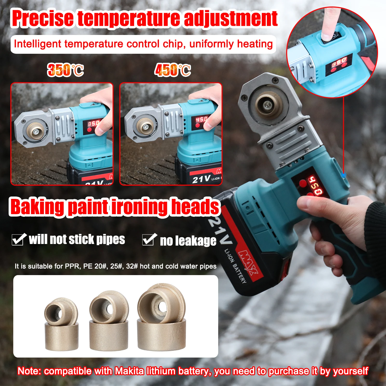 PPR Pipe Welding Machine Cordless Water Pipes Melting Device With 20/25/30mm Replacement Heads Fuse Machine For Makita Battery 3