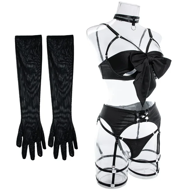 Cut Out Bow Lingerie Set with Garter and Gloves 9