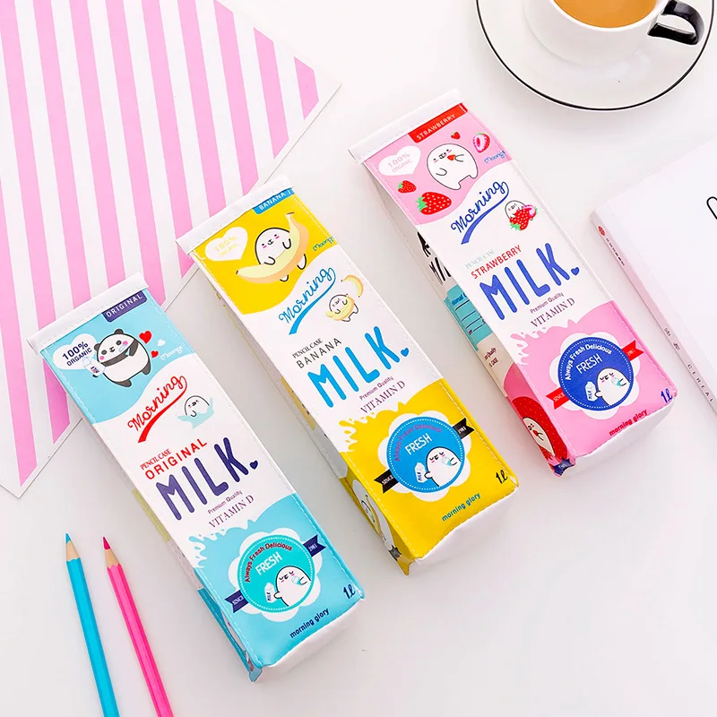 

12 pcs/lot Creative Milk Bottle Pencil Case Cute PU Leather Pencil bag box Stationery Pen Pouch School Supplies