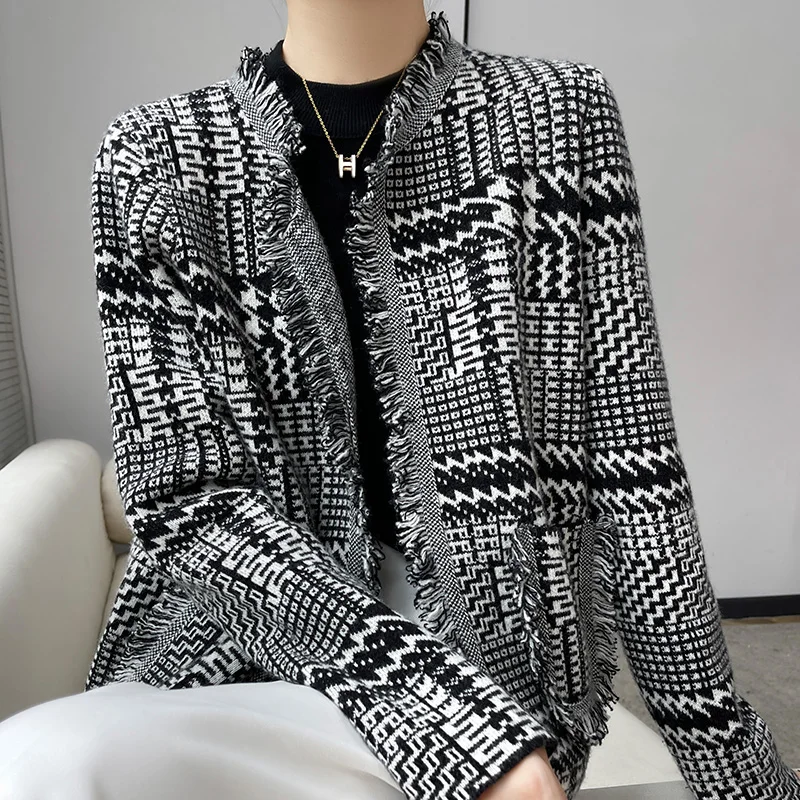 

100% Merino Wool Cardigan Ladies Fashion Fringe Colorblock Top Autumn and Winter New Korean Women's Jacket Casual Retro