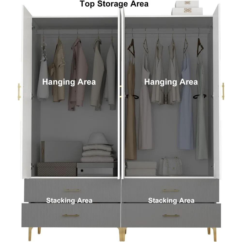 Wardrobe Armoire with 4 Doors, 4 Drawers and 2 Hanging Rods, Twill Wood Closet Storage with Metal Cabinet Legs, Wardrobes 4