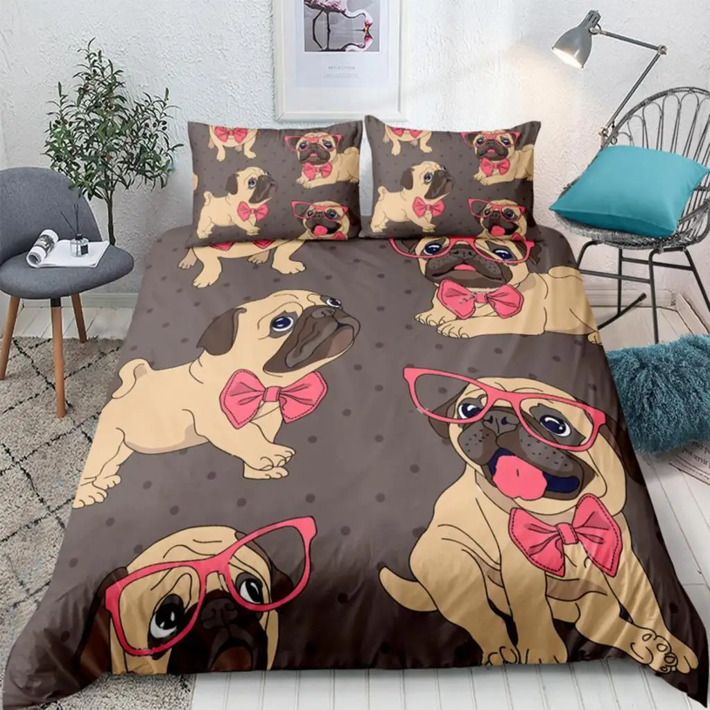 

Cartoon Pug Dog Bedding Set Cute Dog Duvet Cover Set Brown Background Quilt Cover Kids Girls Bedclothes Queen Home Textiles