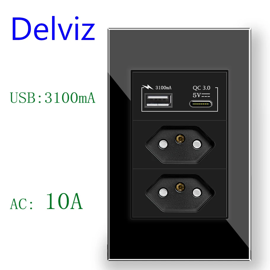 Delviz Type C USB Wall Socket, With 3A USB Ports Quick charge, 120mm*72mm Crystal glass Panel, Brazil Standard 10A Power Outlet