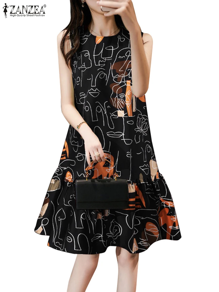 

Платье ZANZEA летнее элегантное женское с рисунком, юбка без рукавов, с оборками на подоле, до колена, праздничный модный сарафан в Корейском стиле, 2024