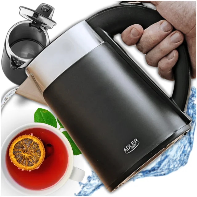 Bouilloire électrique noire 0,6 L, 800 W, sans fil, acier avec double paroi, design moderne, cuisson sûre 1