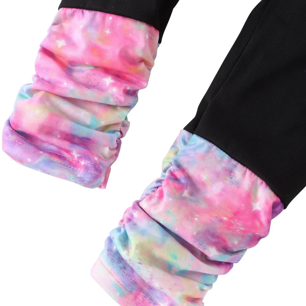 Children Girls Set Spring Autumn Casual Cartoon Printed Tie-dye Full Print Hooded Coat T-shirt Pants Kids Tracksuit 2Pcs Clothes