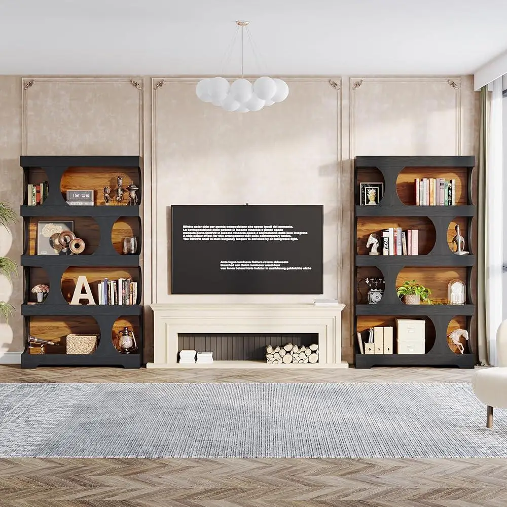 S Shaped Tall Bookcase Set of 2 4 Tier Modern Freestanding Storage Shelving Stylish Bookshelf Space Saving Display Units 5