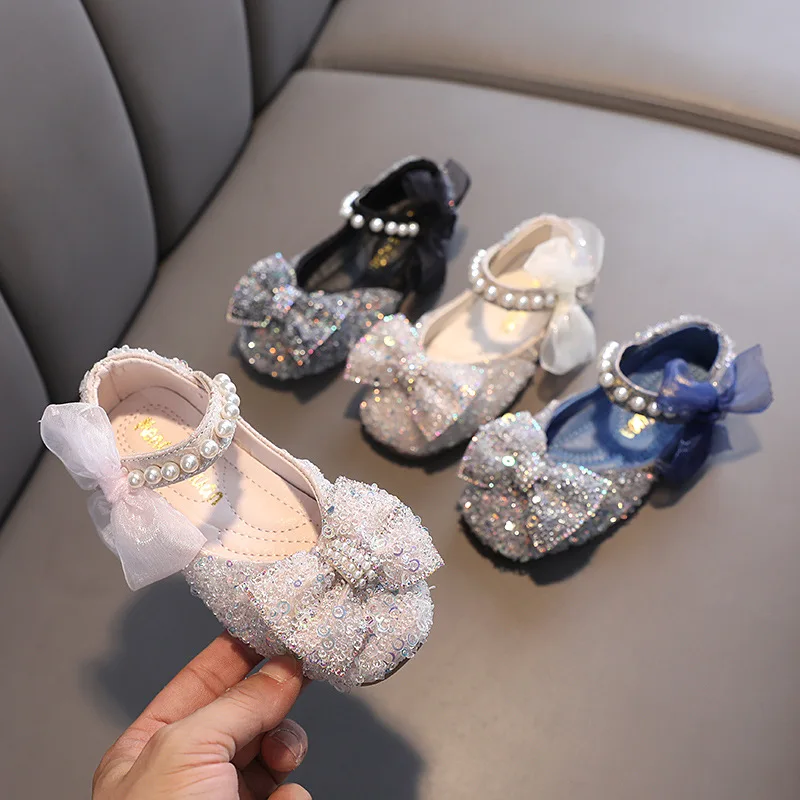 Girls shoes leather shoes girls flats AINYFU spring kids glitter pearl flat princess lace bow wedding soft bottom dance shoes
