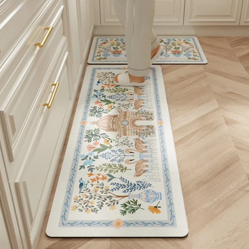 PVC Leather Floor Mat French Fresh Floral Castle Pattern Oil-proof Kitchen Carpet Waterproof Non-slip Long Balcony Rugs 러그 Tapis
