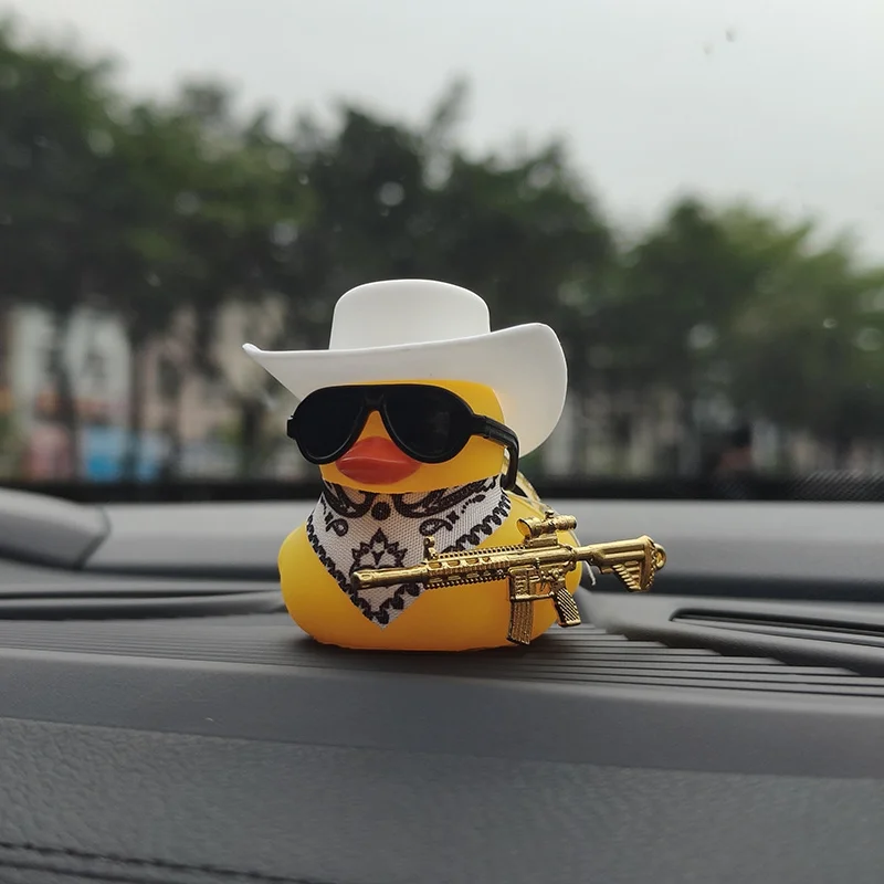 Yellow Duck Cowboy Hat Decoration with Sunglasses and Scarf - Trendy Car Interior Ornament