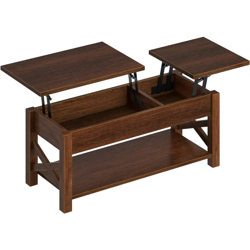 Coffee Table 47.2, 2 Way Lift Top Coffee Table with Hidden Compartment, Lift Top Coffee Table with Open Shelf & X Wooden