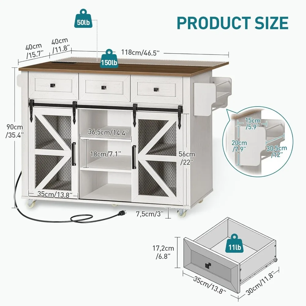 Kitchen Island with Storage, Kitchen Cart with Charging Station, Rolling Kitchen Island Table with Drop-Leaf, 3 Drawers 6