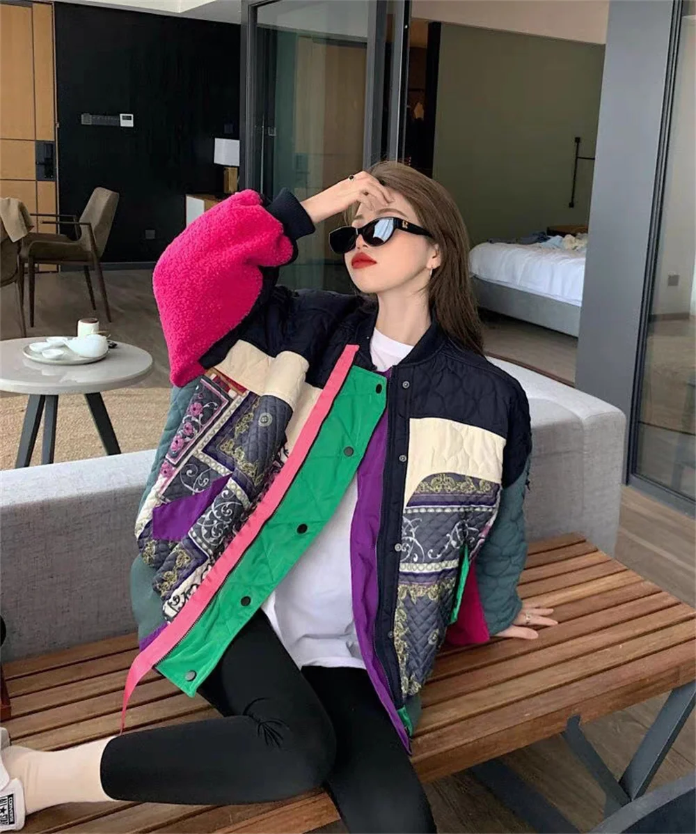 Contrast Color Patchwork Baseball Jersey With Lamb Wool Loose Fitting Women's Winter 2023 New Coat Trend