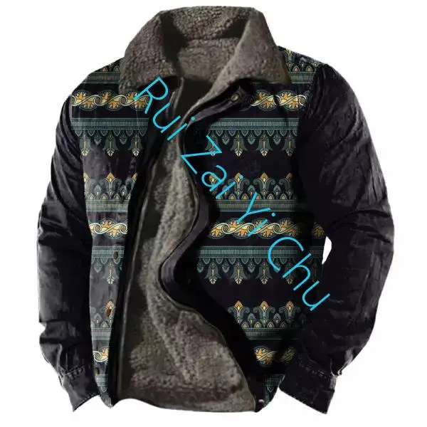 2024 Winter Warm Jacket Coats Men's Western Aztec Vintage Print Sherpa Fleece Lined Jackets Casual Zipper