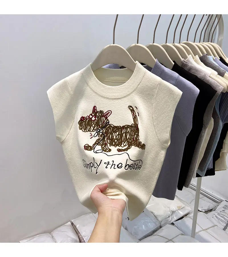 Description Picture 5 of itemCartoon Embroidered Knitted Vest for Women in Summer New Design Slim Fit and Slim Pullover Sleeveless Short Top