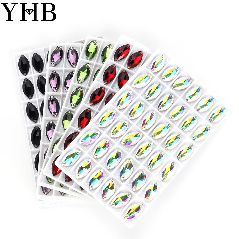 YHB-Strass Flatback Costura Pedras, Vidro, Navette Fivelas Planas, Costurar em Roupas e Sacos, Qualidade Superior