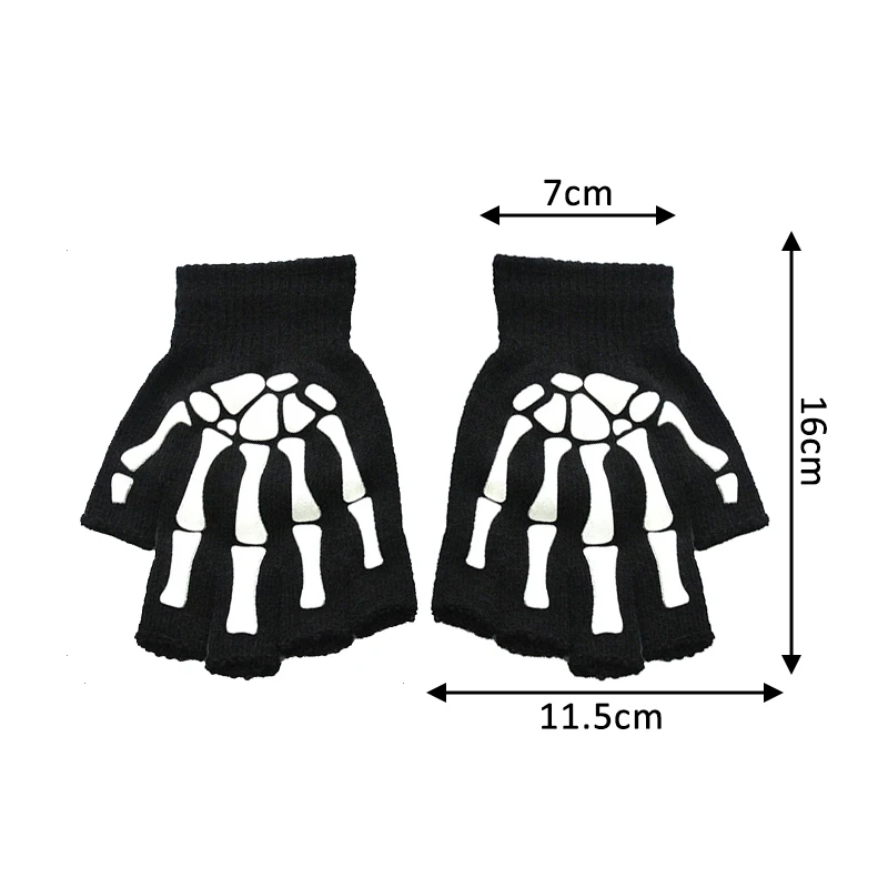 Glow Gloves Adult Kids Halloween Skeleton Skull Half Finger Luminous Gloves Winter Skull Fingerless Mitten Event Party Festive Cycling