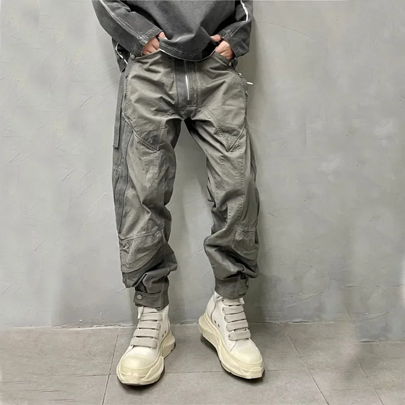 

Men Pocket Splicing Jogging Trousers Washed Distressed Bound Feet Cargo Pants Functional Style Loose Casual Pants Male