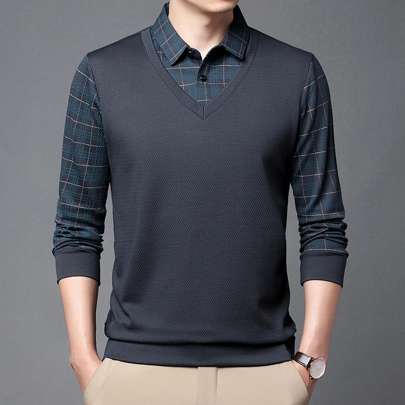 

Plaid Fake Two Pieces Fashion Casual Long Sleeve Polo Shirts Men Autumn New Quality Soft Comfortable Oversized Camisas De Hombre