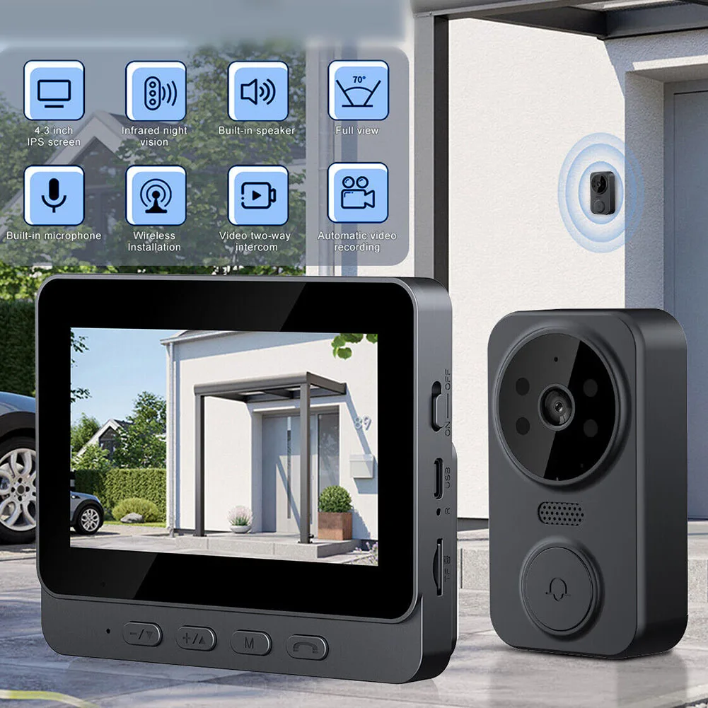4.3inch IPS Screen Wireless Video Doorbell Phone Security Camera Door Bell Intercom Smart Home Door Bell DC Battery Powered
