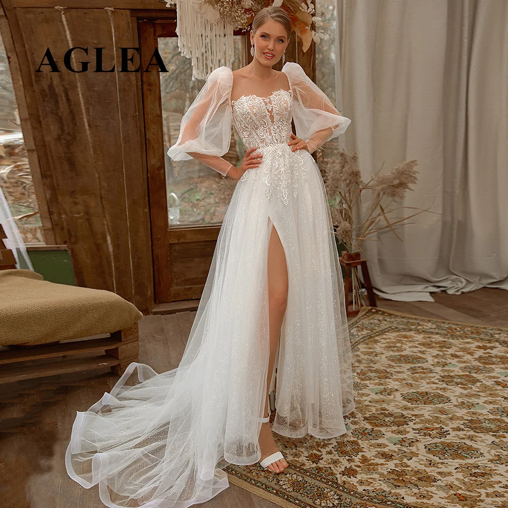 

AGLEA 2023 Glitter Tulle High Split Wedding Dresses Removable Boho Bride Dress with Sleeves Custom Made A-line Bridal Gown 2023