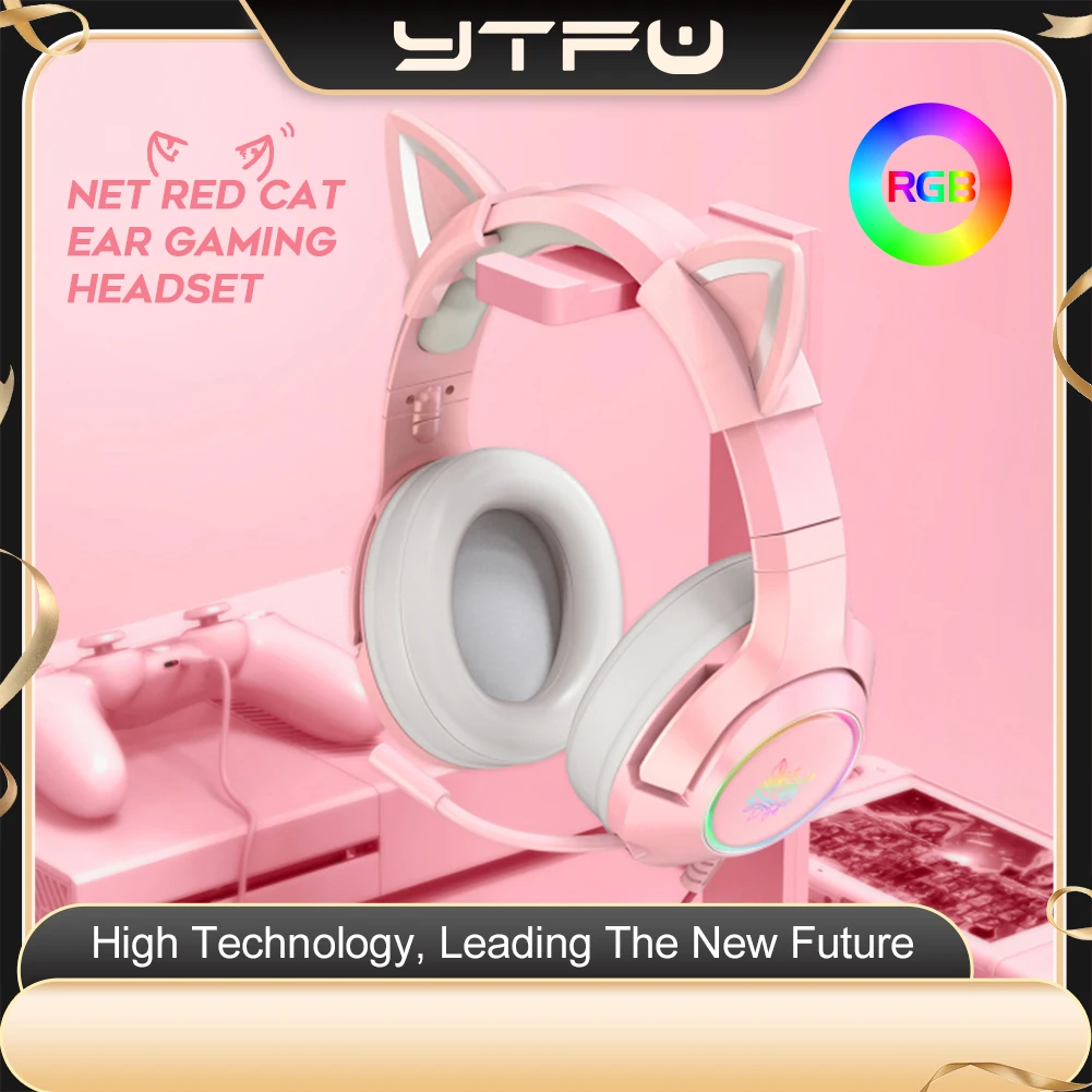 

1pcs New K9 Pink Wired Game Cat Ear Headset With Microphone Hifi 7.1 Channel Gaming Music Headset For Computer Notebook