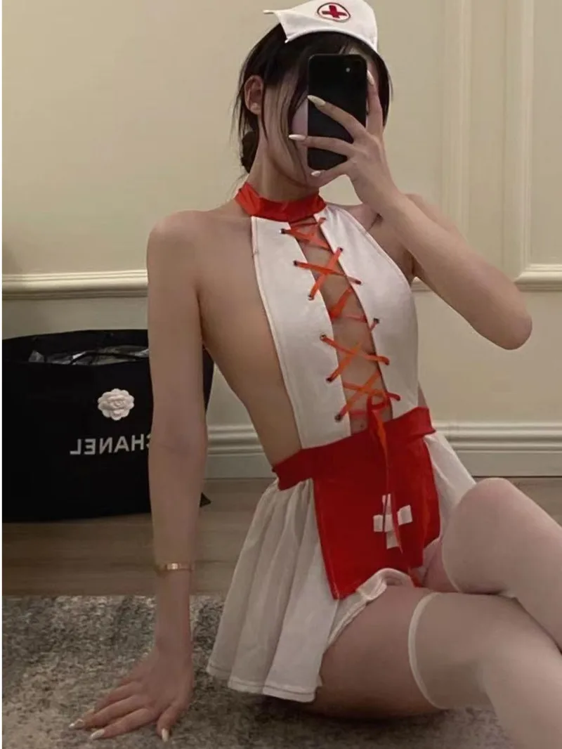 

Sexy Underwear Halloween Nurse Uniform Temptation Mature Charm Hollow Out New Hip Transparent Passionate Maidservant Dress BXFY