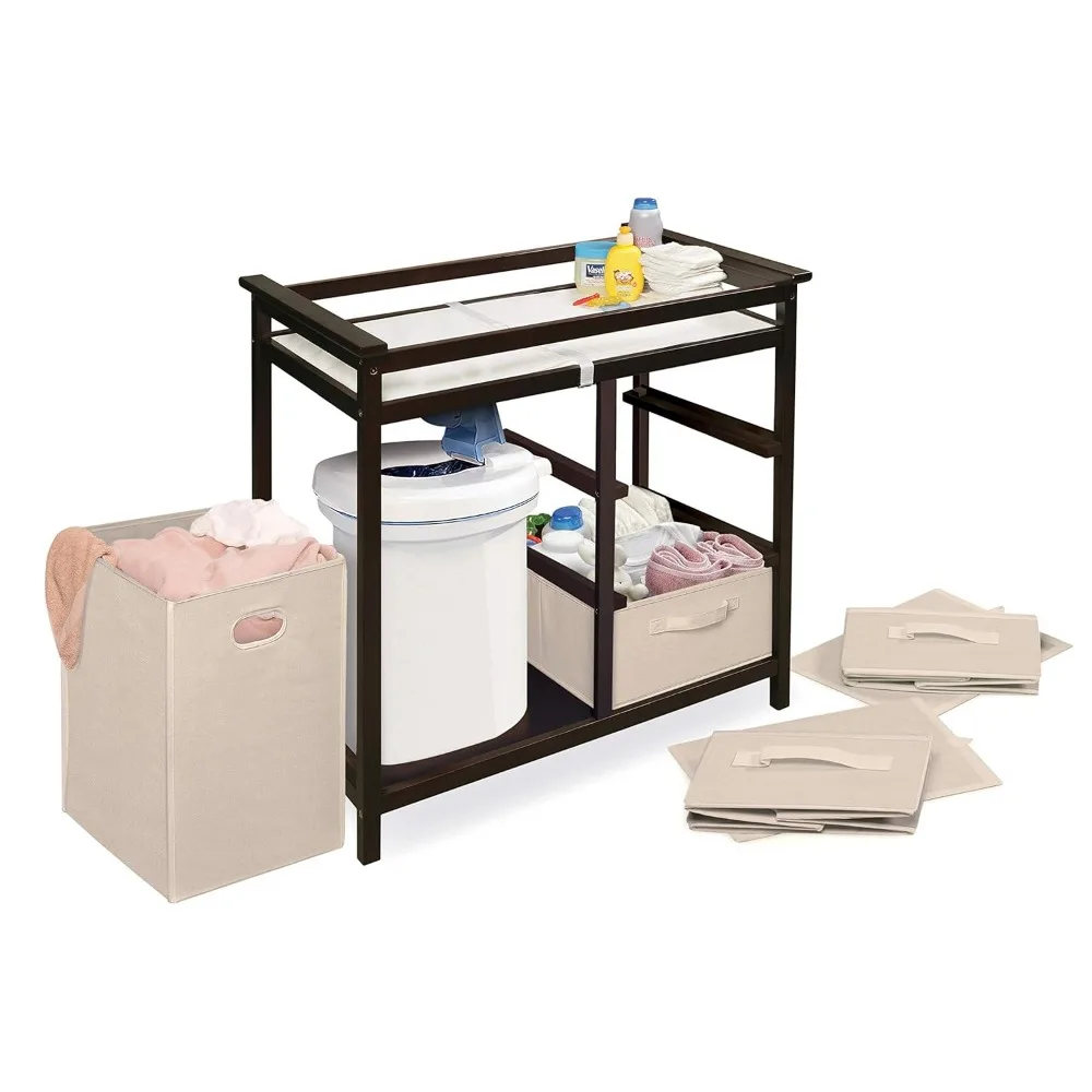 Modern Baby Changing Table with Laundry Hamper, 3 Storage Drawers and Pad, Diaper Change Station-Espresso/Ecru