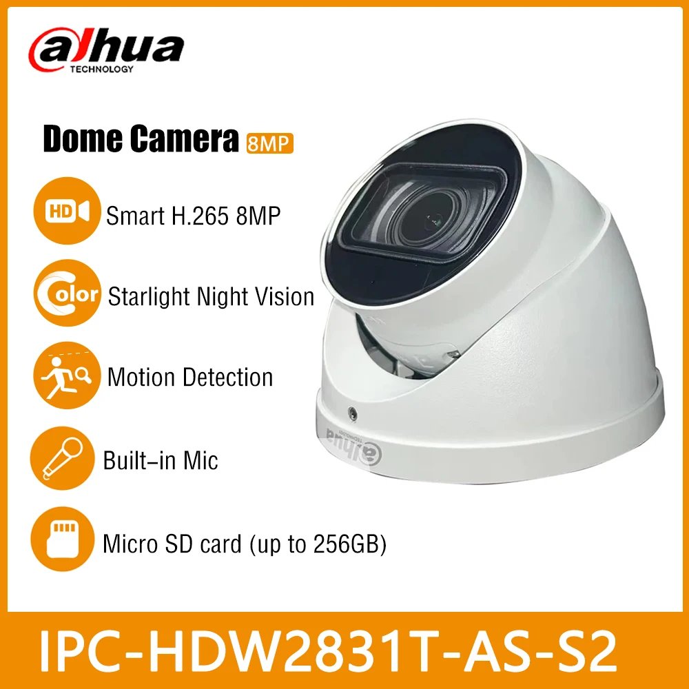 

Dahua 4K IPC-HDW2831T-AS-S2 8MP Lite IR30m Smart H.265 Starlight Fixed-focal Eyeball Network WDR PoE IP67 Camera Built in Mic