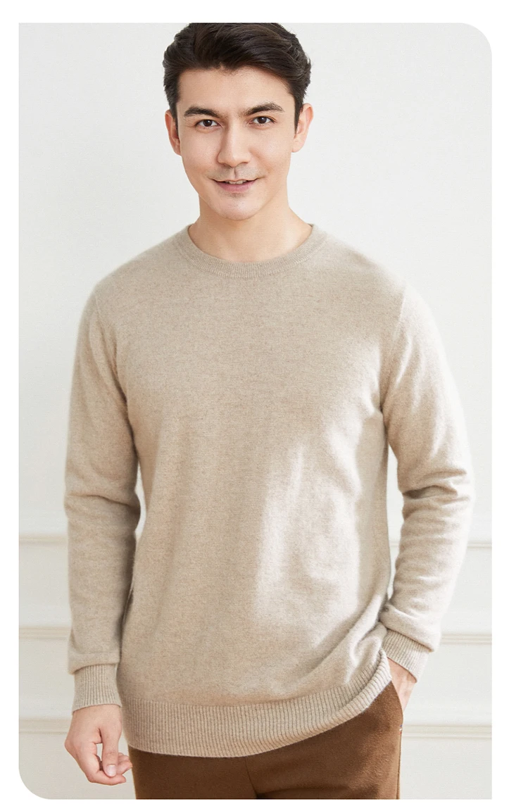 High-end Men's 100% Cashmere Pullover O-Neck Sweater Autumn and Winter Warm Solid Color Knit Sweater Business Casual Top
