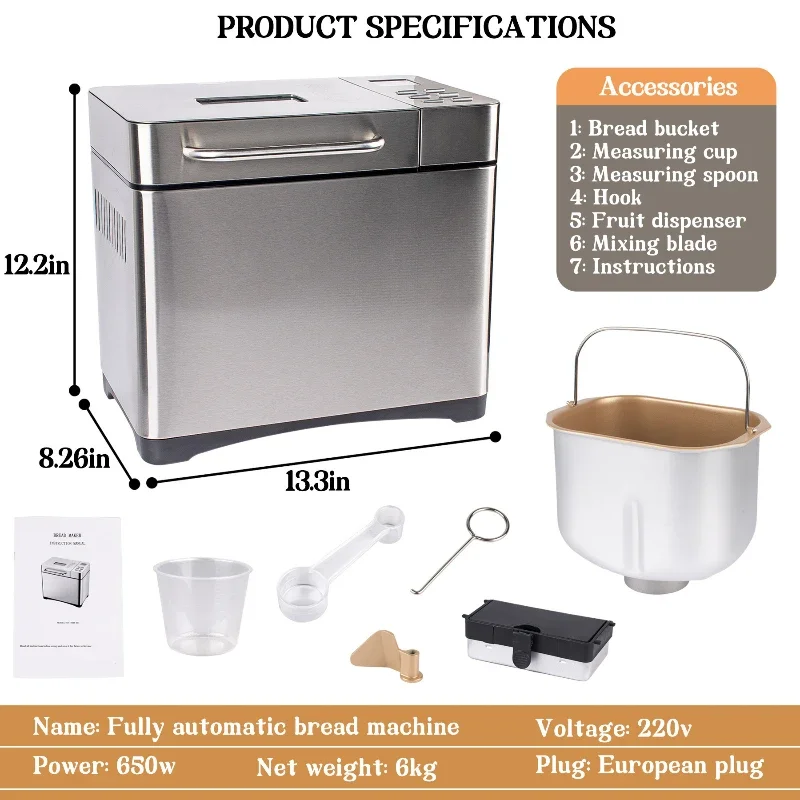 220V Household bread Maker fully automatic intelligent noodle fermentation multi-functional breakfast bread machine Maker 650W