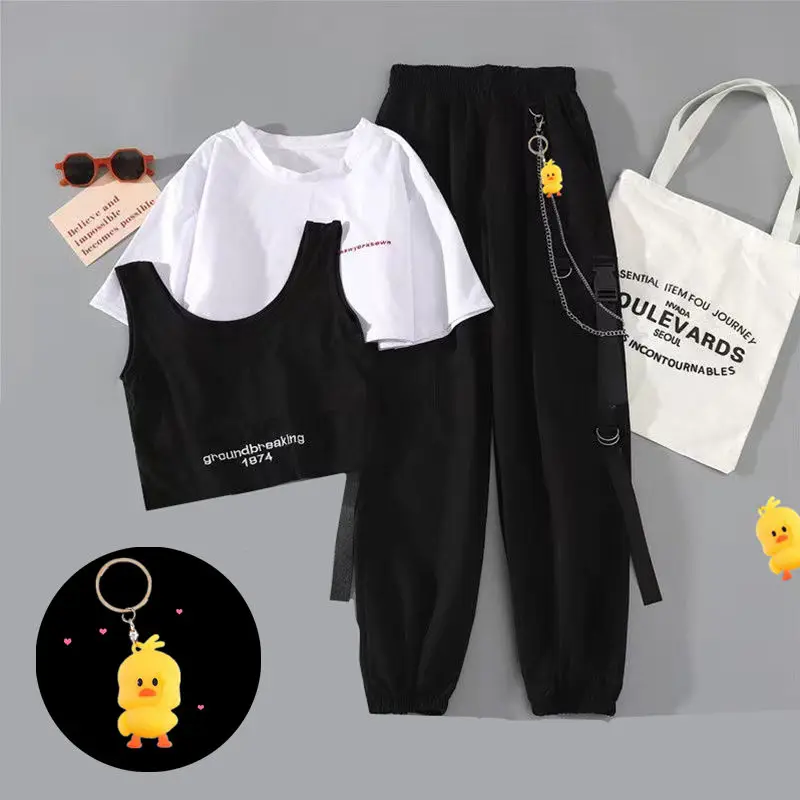 

2023 Casual Three Pieces Set Women Summer Printed Short Sleeves +Black Vest+ Elastic Waist Cargo Pants with Chain Oversized 3XL