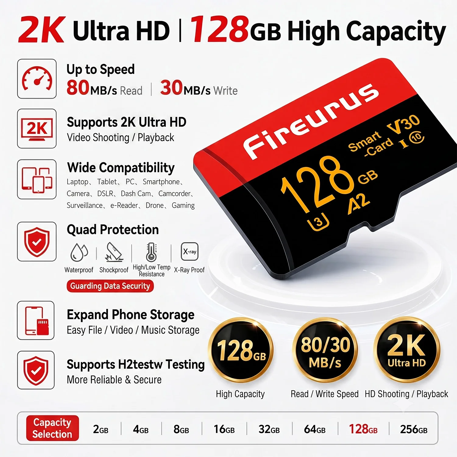 새로운 V30 A2 U3 TF/SD 카드 고속 플래시 메모리 카드 256GB 128GB 64GB 32GB 다양한 기기용 고용량 메모리 카드 마이크로 TF/SD
