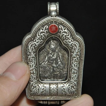 오래된 티베트 티베트 실버, Guru Rinpoche Padmasambhava 부처님 Thang-ga 펜던트, 2 인치