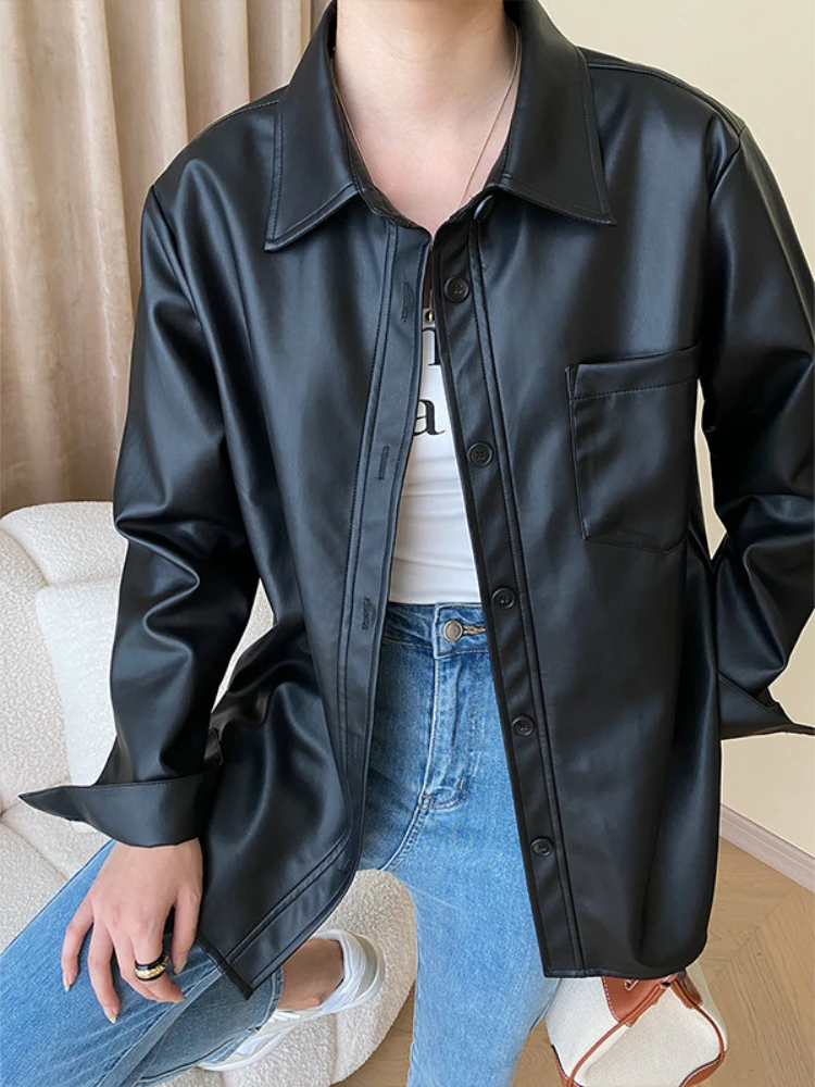 

Fitaylor New Spring Autumn Women Loose Faux Leather Jacket Lady High Street Turn-down Collar Single Breasted Pu Shirts Coat