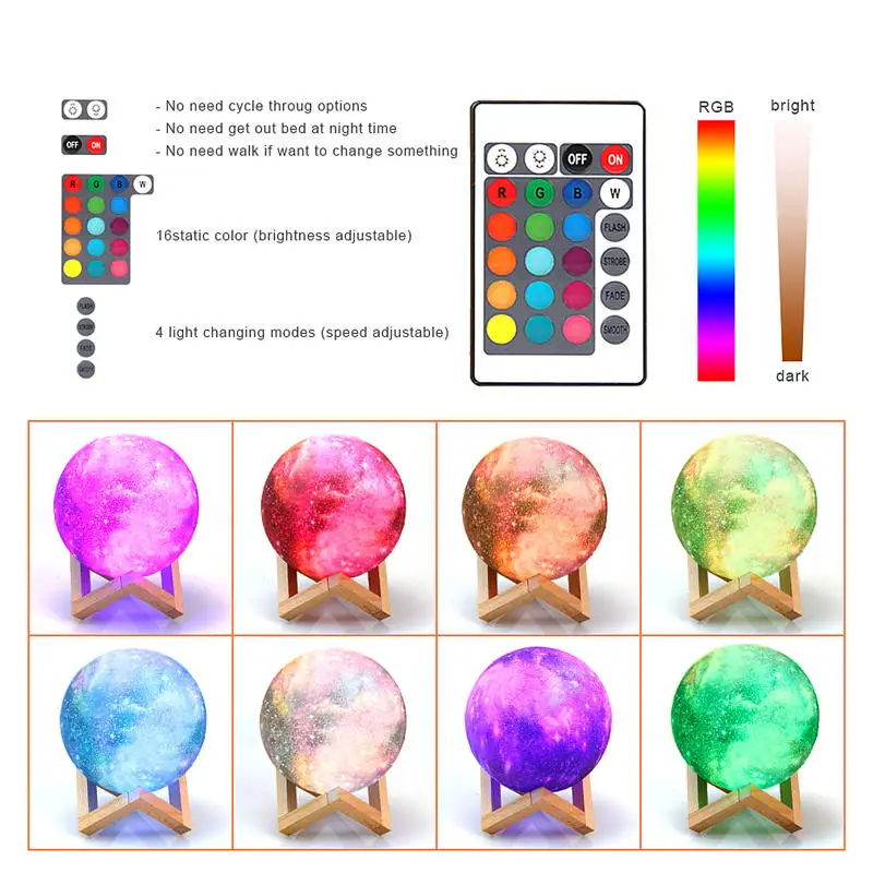3D Print Moon Lamp 16 colors Remote LED Night Light Rechargeable Atmosphere NightLight Indoor Room Bedroom Decor Chirstmas Gifts 6
