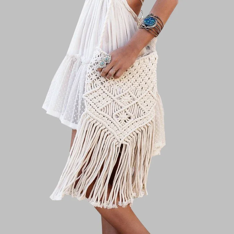 Fitshinling Bohemian Summer Fringe Crochet Bags For Women Holiday White Shoulder Bag Female Handmade Fashion Beach Handbags