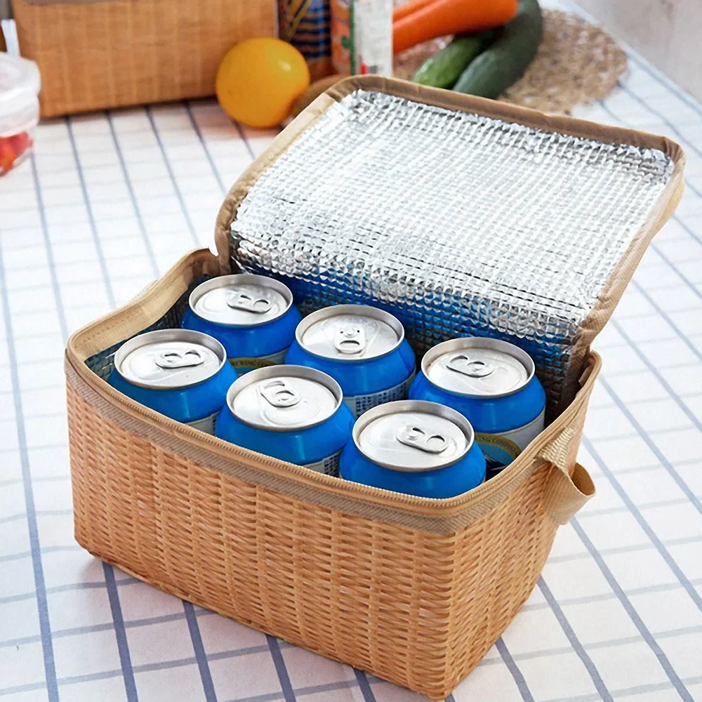 Portable Wicker Rattan Outdoor Picnic Bag Waterproof Tableware Insulated Thermal Cooler Food Container Basket for Camping Picnic Lunch Bag Lunch Cooler Bag Cooler Bag
