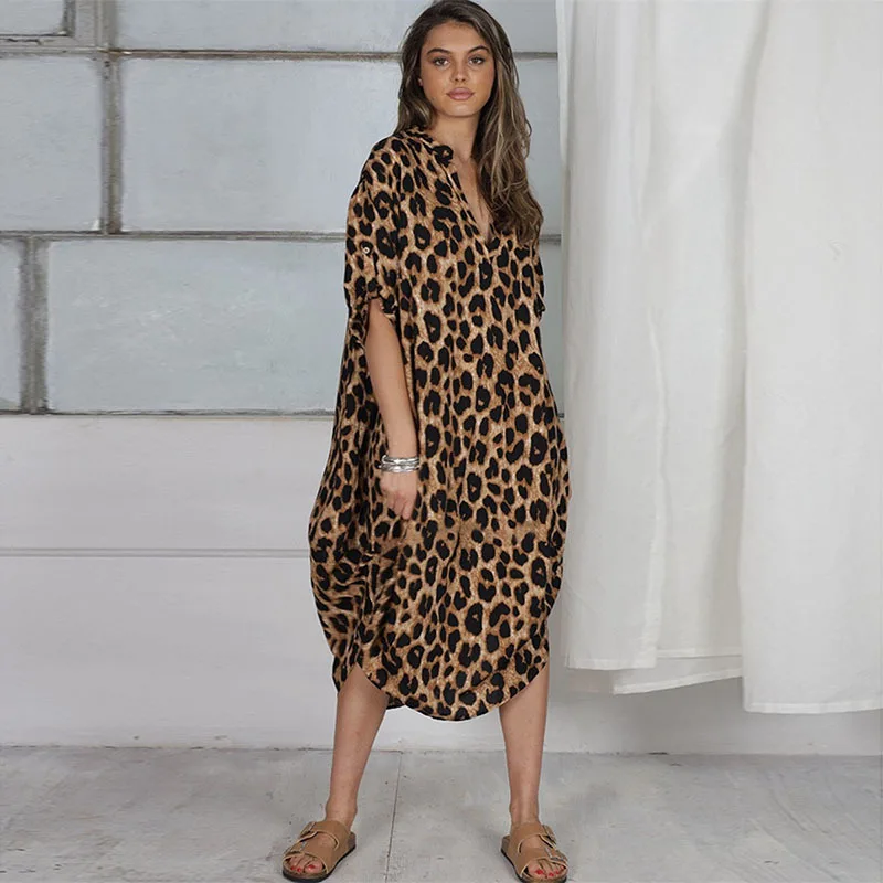 Kaftan Leopard Bikini Coverups Casual Vneck Maxi Dress Women Beach Wear Swim Suit Cover Up Loose