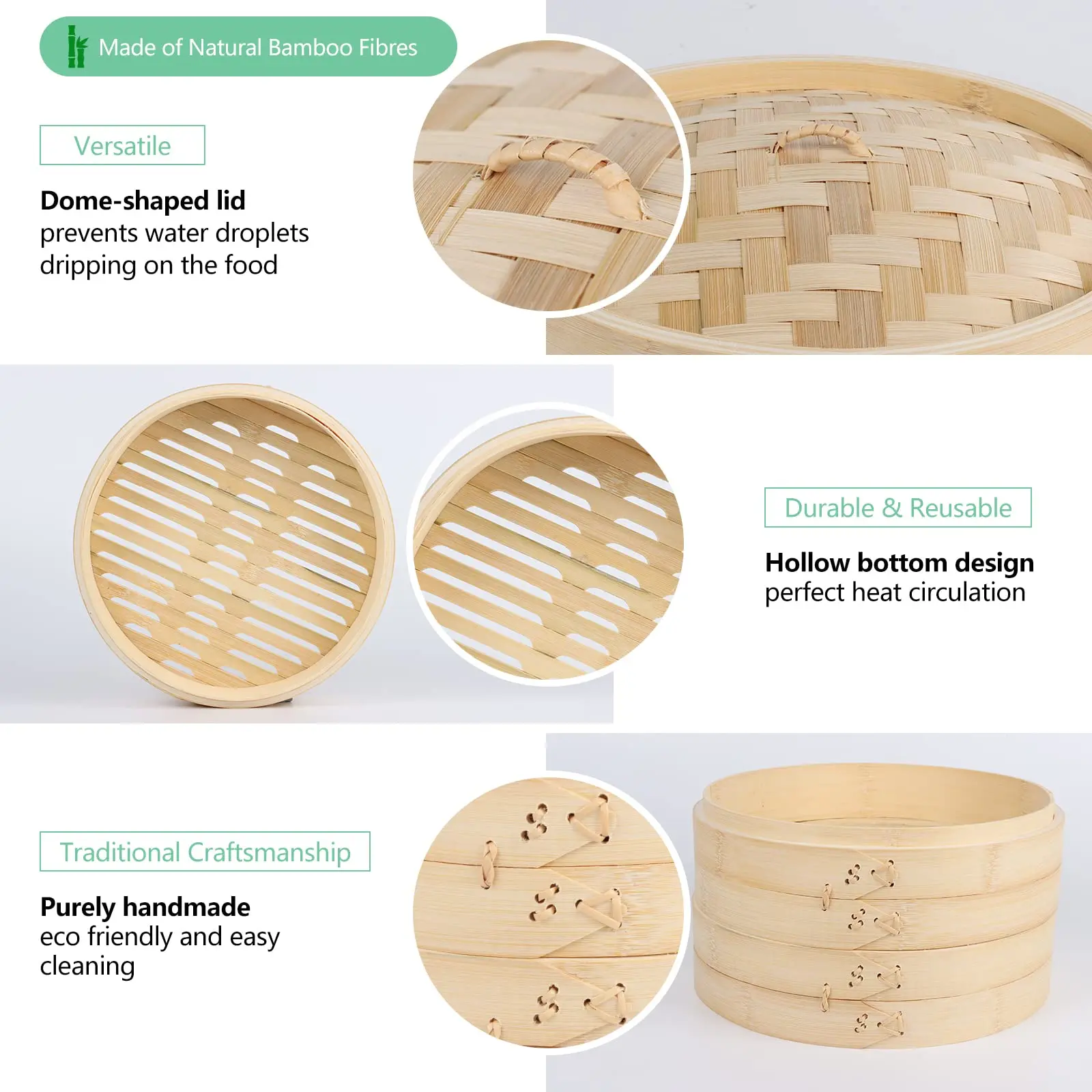 Handmade Bamboo Steamers with Lid Multi-Purpose for Vegetables Meat Fish Bun Snack Dumplings Cooking Basket Kitchen Bar Supplies