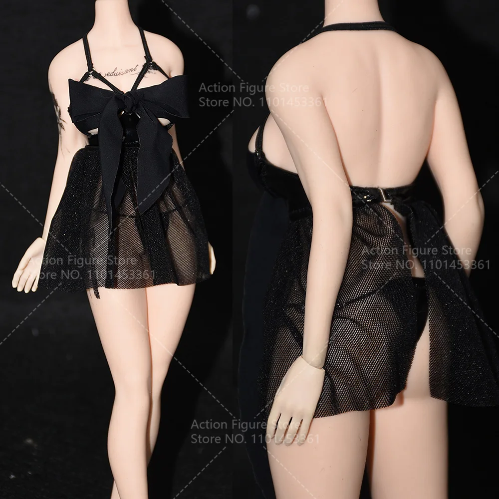 

1/6 Female Sexy Mesh Pajamas Dress Backless Slip Dress Mini Off Shoulder Bowknot Party Skirts For 12In Action Figure Body Model