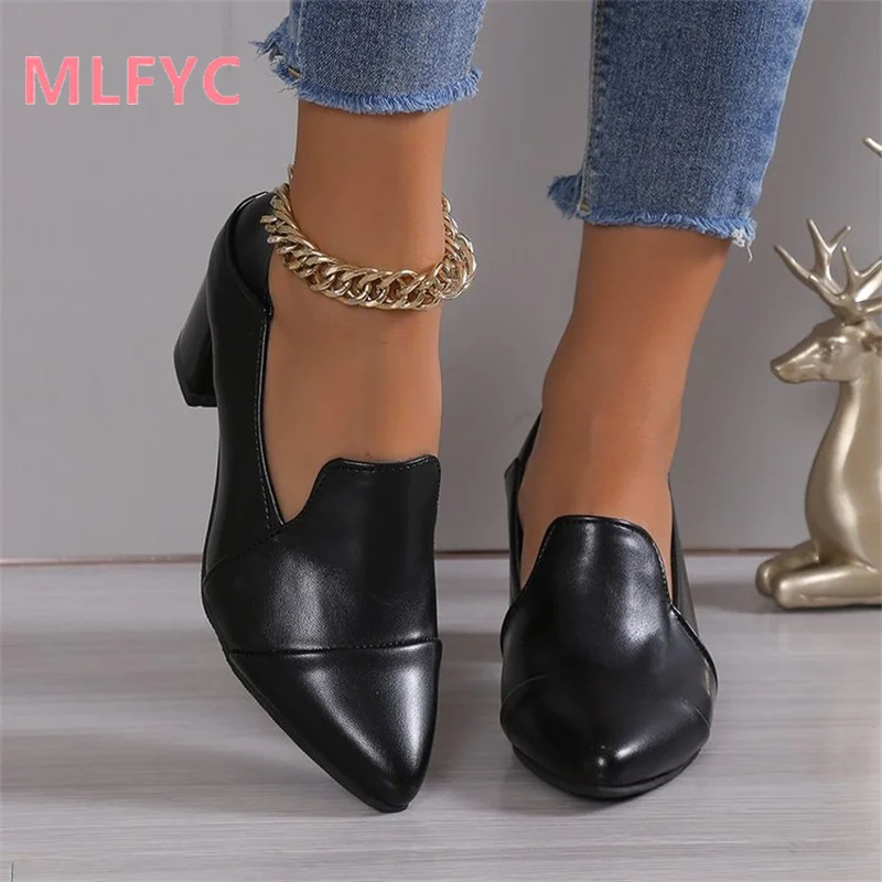 

Spring and Autumn New European and American High Heel Shoes Women's Middle Heel Shoes Shallow Mouth Pointed Leather Shoes Large