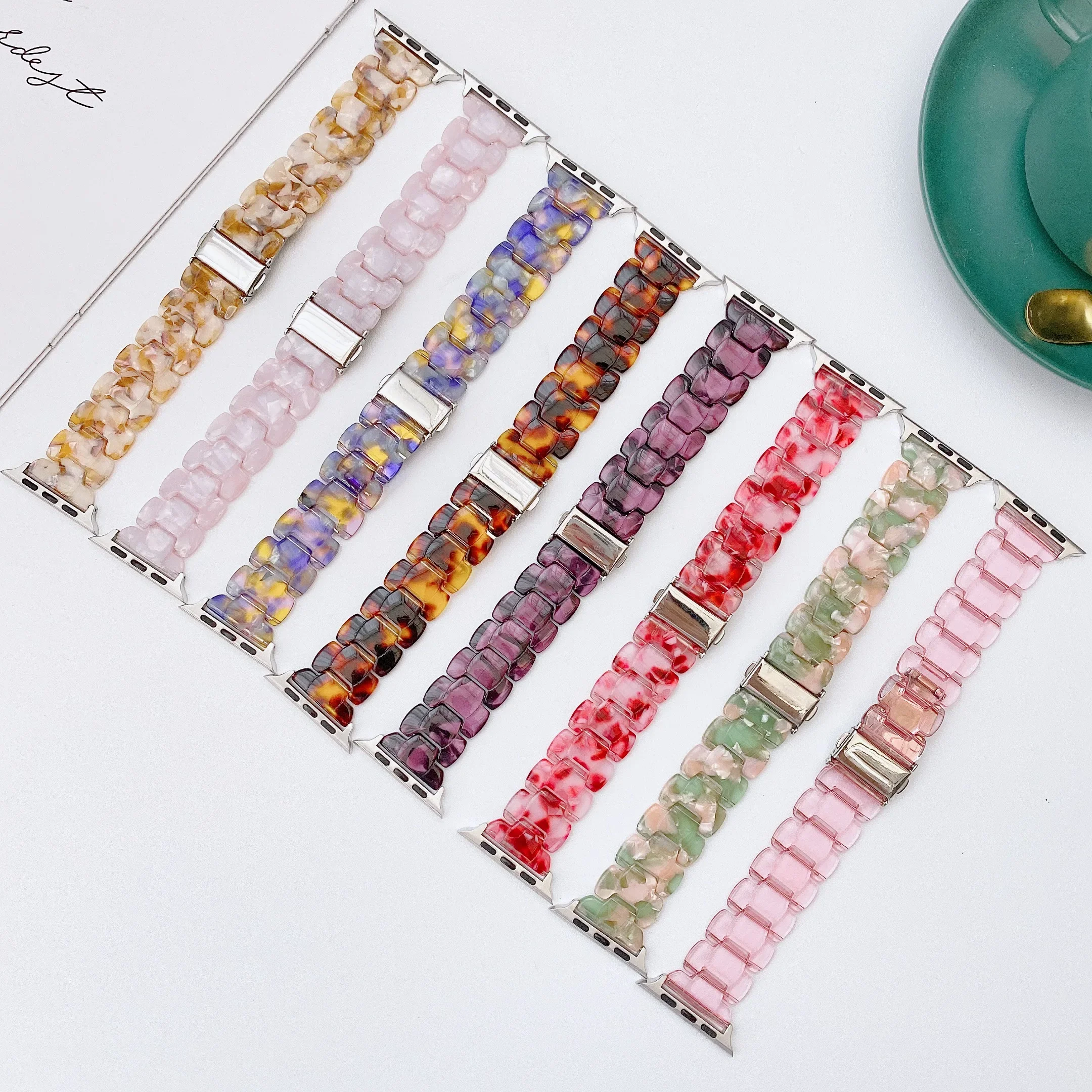 Colourful Resin Strap For Apple Watch 8 7 6 5 4 SE 45mm 41mm 44mm 40mm For iWatch Series 42mm Metal stainless steel buckle belt
