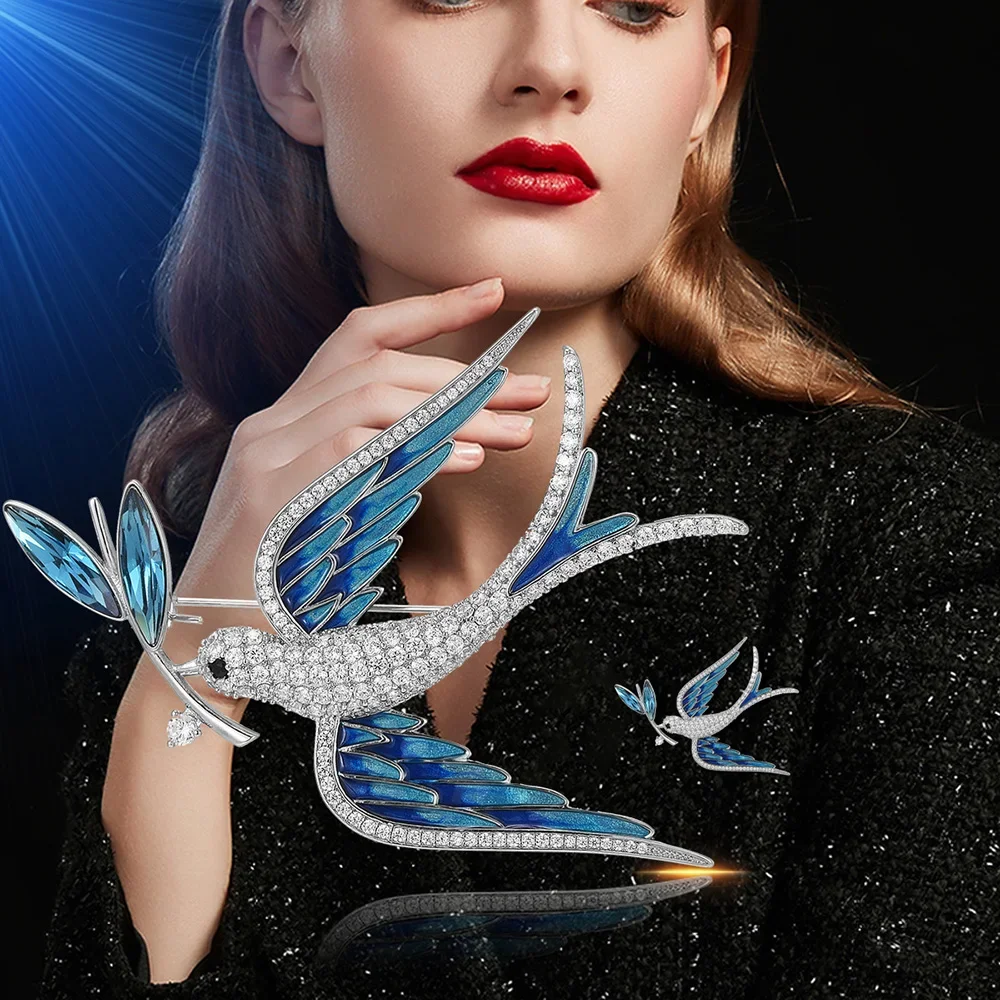 Vintage Rhinestone Swallow Brooch Pin Crystal Enamel Bird Jewelry Brooches for Women Scarf Clip Bird Lapel Pin English Tone