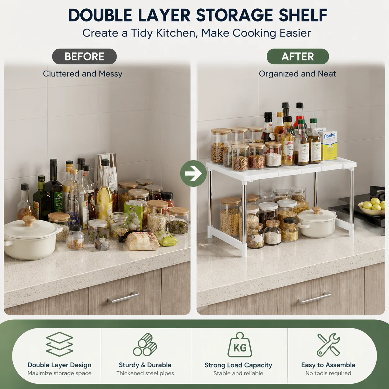 White Kitchen Pantry and Countertop Organizer Shelf