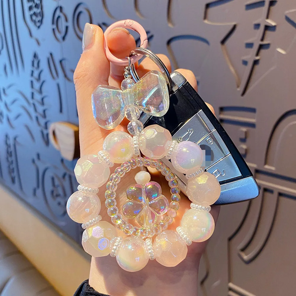 

Creative Hollowed Flower Glow-In-The-Dark Beaded Keychain Acrylic Beads Key Ring Kids Women Backpack Cell Phone Headset Pendant