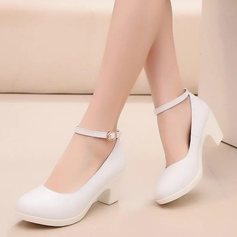 6cm Small Size 33-43 Elegant Med Block Heels Genuine Leather Shoes